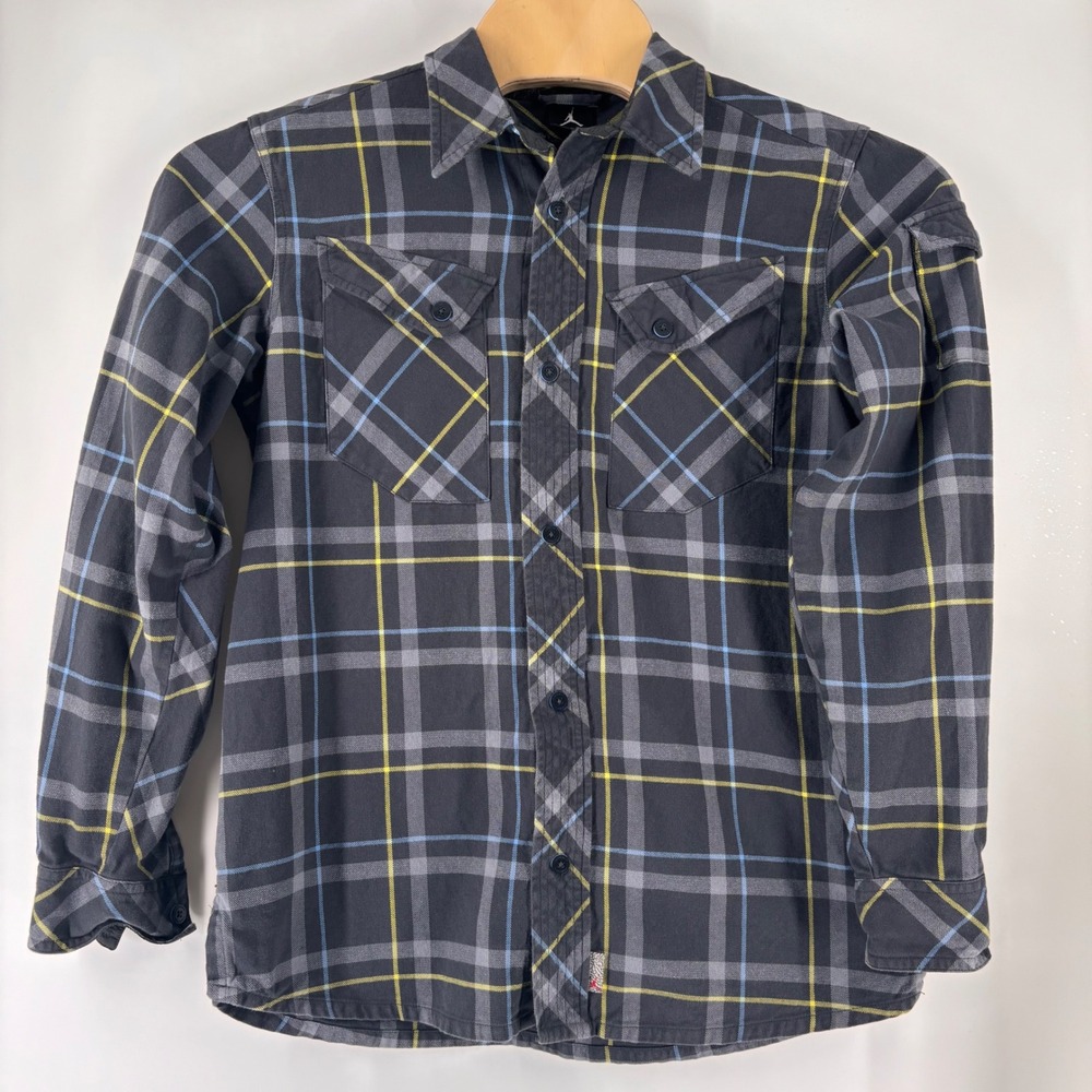 Jordan Brand‎ Flannel Shirt Mens Large Grey Yellow Plaid Tactical Streetwear L/S